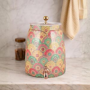 Réservoir d'eau en cuivre de qualité supérieure Meena Work avec robinet en laiton |   Distributeur de liquide en cuivre Matka à motif floral traditionnel - Product Image 2