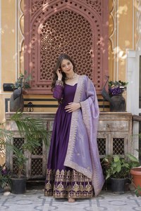 Georgette Zari Gown <b>Flared</b> Maxi <b>Sequin</b> Gold Crush Lace Dupatta Heart Neck Stitched Women Two Piece Festive Salwar Suit Set - Product Image 1
