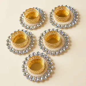Round <b>Gold</b> <b>Tea</b> <b>Light</b> <b>Holder</b> with Crystal and Pearl Trim for Wedding Home Decoration - Product Image 1