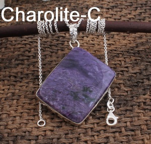 Collier unisexe vintage en argent sterling 925 plaqué platine avec grandes breloques en charoïte naturelle russe, bijoux en pierres précieuses - Product Image 1