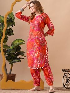 <b>Women</b> Pink Orange Leaf Printed Cotton <b>Kurta</b> Salwar Knee Length Regular Fit Casual Wear India Pakistan Style Summer Spring Autumn - Product Image 4