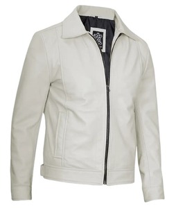 <b>Mens</b> Shirt Collar <b>White</b> Leather <b>Jacket</b> - Product Image 3