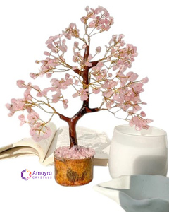 ROSE QUARTZ Gemstone Waterproof 300 Beads Wooden Base Handmade Mascot Theme <b>Tree</b> Decor Flower Pot Natural Gems Wholesale Gujarat - Product Image 4