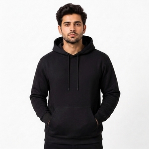 Sudadera con Capucha Negra Sólida para Hombre, Corte Regular, Felpa de Algodón, Informal, con Bolsillo Delantero, para Otoño - Product Image 1