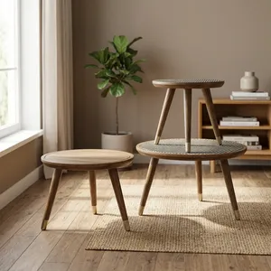 Midcentury Modern Round <b>Wood</b> Nesting Coffee <b>Tables</b> Rattan Top <b>Living</b> <b>Room</b> <b>Side</b> <b>Tables</b> - Product Image 6