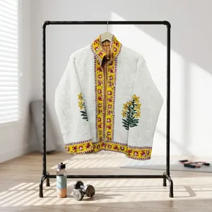 <b>White</b> Cotton Stand Collar Floral Hand Block Print Eco-Friendly Reversible Silkgram Long Sleeve <b>Jacket</b> <b>for</b> <b>Women</b> Spring - Product Image 6