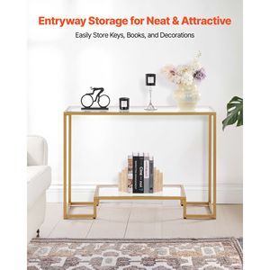 Modern 2-Tier Rectangle Console <b>Table</b> with Tempered Glass Top and Iron Legs Golden <b>Sofa</b> <b>Side</b> <b>Table</b> and Desk - Product Image 2