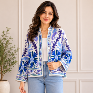 Floral Embroidered Knitted Breathable Cotton Bomber <b>Jacket</b> Mandarin Collar Full Sleeve Spring Boho Chic Women's - Product Image 3