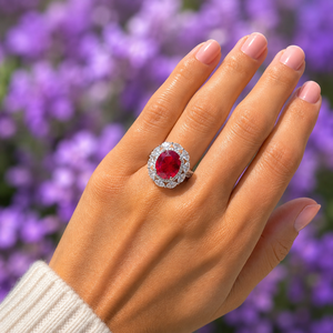 Bague Cocktail Femme en Argent Sterling 925 avec Rubis, Taille Ronde Brillante, Sertissage Halo Pavé, Style Fleur Classique, Bijoux Fins - Product Image 6