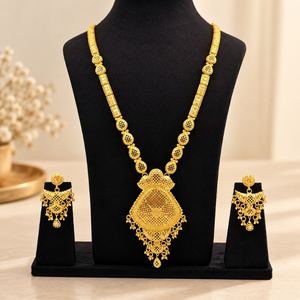 Heritage Traditional Necklace <b>Set</b> | 24K Gold Polish Copper Brass Long Pendant Earrings <b>set</b> | Indian <b>Bridal</b> Wedding <b>Jewelry</b> <b>Set</b> - Product Image 1