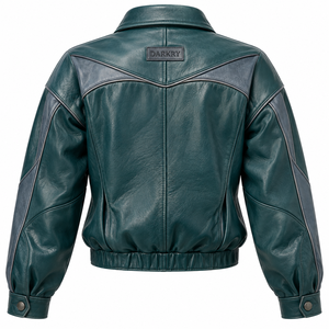 Genuine Leather Bomber Jacket <b>Womens</b> Dark Teal Green Grey Panel Elastic Waist Zipper Collar <b>Coat</b> Custom Oem Supplier - Product Image 2