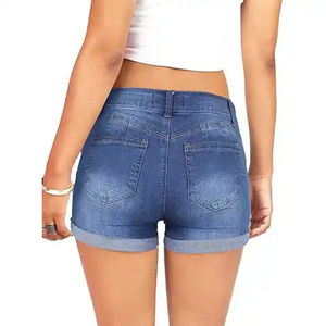 Womens Custom <b>High</b> <b>Waist</b> Breathable Distressed Denim <b>Shorts</b> Ripped Stretch Cuffed Hem Dark Wash Casual Summer <b>Shorts</b> - Product Image 2