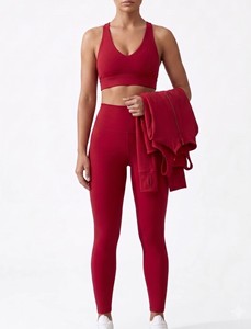 <b>Red</b> 2-Piece Yoga Set With <b>Crop</b> <b>Top</b> Full-Length Leggings And Zipper Jacket High Waist Seamless Design - Product Image 3