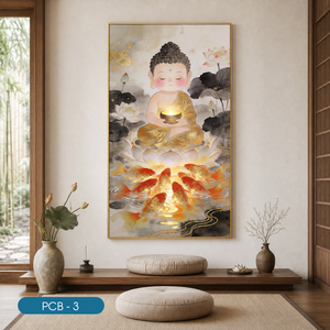 Impression sur toile HALO Bouddha, Paysage de poissons dorés, Cadre PCB-3, Style moderne, Cadre en verre trempé, Décoration intérieure en acrylique, Art moyen format - Product Image 6