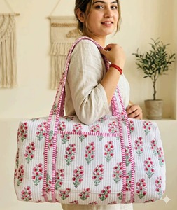 Bolsa de Lona de Algodón con Estampado Floral y Asas a Rayas Rosas, Gran Capacidad, Cierre de Cremallera, Bolsa de Viaje de Fin de Semana para Mujer - Product Image 4
