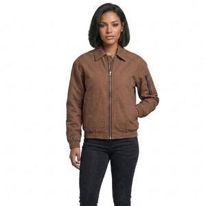 Men's Brown Canvas Bomber Jacket Windproof Workwear Style Turn-down Collar Zipper Closure Regular Fit Autumn Wear - Product Image 5