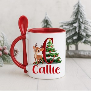 Custom Name Initial <b>Christmas</b> Porcelain Coffee Mug with Spoon Dishwasher & Microwave Safe Cute Design Red White Holiday <b>Gift</b> <b>Box</b> - Product Image 3