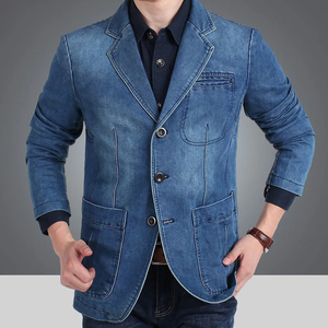 Men's Slim Fit Denim Blazer <b>Smart</b> <b>Casual</b> <b>Jacket</b> Turn Collar Single Breasted Blue Washed Cotton Lining Winter Outerwear Front - Product Image 4