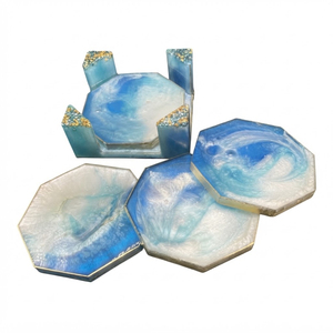 Juego de Posavasos de Resina Epoxi con Diseño de Olas Oceánicas en Azul Turquesa de Lujo, con Inserciones de Lámina Plateada, Hechos a Mano, Redondos y Decorativos, en Oferta - Product Image 4