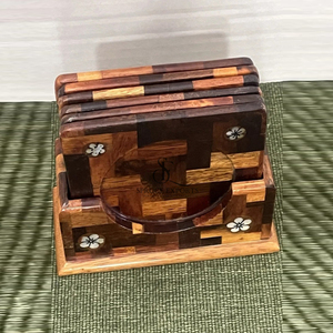 Handmade Wooden Mosaic Coasters Set Square Tea Cup <b>Mat</b> With Wood Holder Box & Flowers Inlay Rustic <b>Table</b> Decor Wholesale - Product Image 3