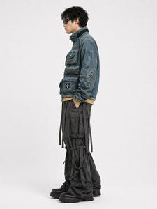 Mens <b>Vintage</b> Wash Blue <b>Denim</b> Utility <b>Jacket</b> Multi Pocket Cargo Style Outerwear High Neck Zip Up Streetwear <b>Jacket</b> Relaxed Fit - Product Image 3