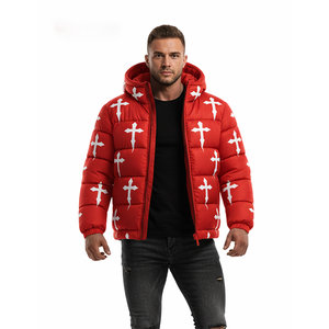 Veste matelassée à capuche pour homme avec imprimé croix rouge, manteau d'hiver bouffant, streetwear tendance, épais et chaud, logo personnalisé OEM - Product Image 1