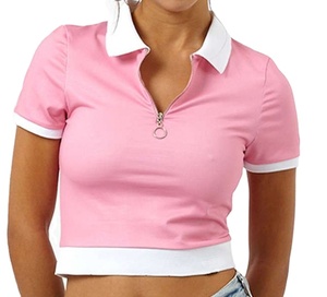 Polo corto de algodón puro con logotipo personalizado OEM para mujer Polo personalizado con cremallera Camisas de mujer - Product Image 2
