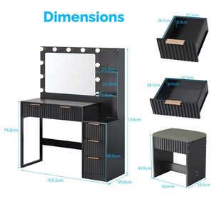 Set Toeletta con 5 Cassetti e 2 Ripiani, Finitura Melaminica Nera, in Truciolato, con 11 Lampadine Tricolore e Multipresa, per Trucco - Product Image 6