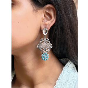 Pendientes Colgantes de Flor con Piedra Turquesa Azul Estilo Bohemio Vintage, Joyería Étnica de Filigrana de Plata Antigua para Mujer - Product Image 1