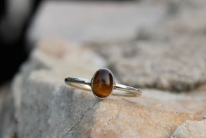 Minimalist Tiger Eye <b>Ring</b> Silver Plated Brass Oval Stone <b>Thin</b> Band Dainty Boho Handmade Jewelry for Women Gift - Product Image 3