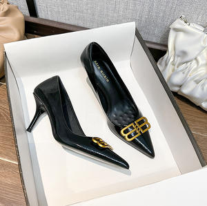 Zapatos de Tacón Alto de Lujo de Marca de Diseñador para Mujer, Negros Metálicos con Hebilla Dorada, Zapatos de Punta Sexy para Dama para el Verano - Product Image 1