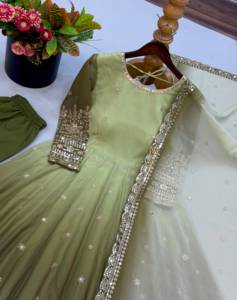Robe Anarkali en Georgette brodée vert sauge pour femme, longueur normale, robe de mariage traditionnelle avec dupatta, séchage rapide - Product Image 3