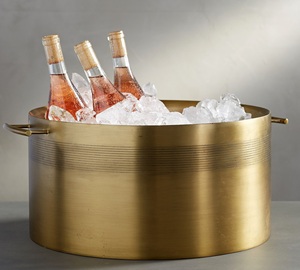 Golden Striped <b>Ice</b> <b>Bucket</b> With Ring Handles Round Metal Champagne Cooler For Party Glam Bar Decor - Product Image 6