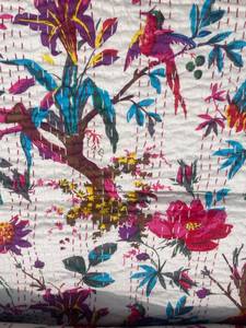<b>Handmade</b> Printed Cotton <b>Quilt</b> Bohemian Style All-Season Home Decor With Parrot Floral Pattern - Product Image 3