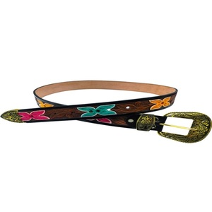 Personalized Design Multicolor Floral Hand Carving Original Cowhide Western Leather <b>Tooling</b> <b>Belt</b> for Men Women - Product Image 4