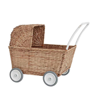 Wholesale Natural Rattan Kids <b>Storage</b> Trolley Children Toy Organizer <b>Cart</b> Baby Nursery Rolling <b>Storage</b> Basket Montessori OEM ODM - Product Image 1