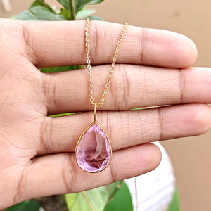 luxury pink quartz rose cut stone pendant handcrafted brass metal chain necklace 18k gold pated bezel setting crystal jewelry - Product Image 5