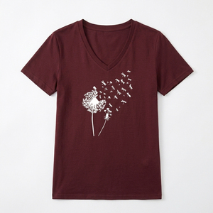 เสื้อยืดคอวีพิมพ์ลายกราฟิกตามสั่งสำหรับผู้หญิง ผ้าฝ้ายเรียบ แขนสั้น ทรงเข้ารูป เสื้อผู้หญิงสไตล์อาร์ติสติก ผู้ผลิต - Product Image 1
