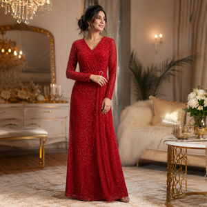 Women Red <b>Sequin</b> Maxi Dress Long Sleeve V Neck Wrap Style Elegant Sparkle Evening Gown Party Wedding Formal Cocktail Occasion - Product Image 2