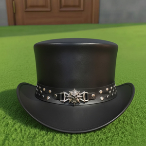 High Quality Custom made Handmade Black Leather Steampunk <b>Top</b> Hat Gothic Skull Cowboy Western Rocker Hat - Product Image 1