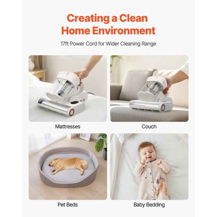 550W Mattress Vacuum Cleaner Powerful 18Kpa Suction Dual Dust Bin HEPA Filter Heating Ultrasound Tech Cleaning Lights Cleaner