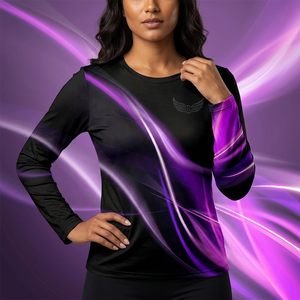 T-shirt imprimé à manches longues pour homme, motif noir et violet, séchage rapide, col rond, tissu tricoté, coupe classique - Product Image 5