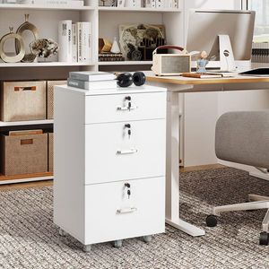 Armadietto Portadocumenti in Legno Bianco con Venature Naturali, 1 Cassetto Piccolo e 2 Grandi Cassetti, per Ufficio Domestico e Documenti Legali - Product Image 2
