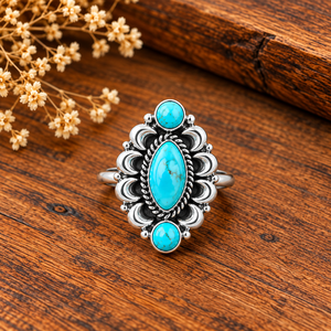 Anillo de Turquesa Mohave con Diseño de Luna, 3 Piedras, Corte Marquesa y Redondo, Hecho a Mano, Estilo Bohemio Occidental, Joyería con Piedras Preciosas - Product Image 4