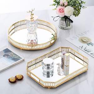 Luxury Metal And <b>Mirror</b> Tray With Gold Finish Frame For Serving Coffee Tea And Dessert At Party Events - Product Image 3