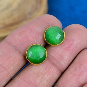 Natural Green Monalisa Quartz Round Shape Gemstone <b>Stud</b> Earring 18k Gold Micron Over 925 <b>Sterling</b> <b>Silver</b> - Product Image 3