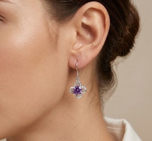<b>Silver</b> Plated 14K Gold 925 Sterling <b>Silver</b> Natural Amethyst Gemstone Natural Diamond <b>Dangle</b> <b>Earrings</b> Clover Design Drop <b>Earrings</b> - Product Image 4