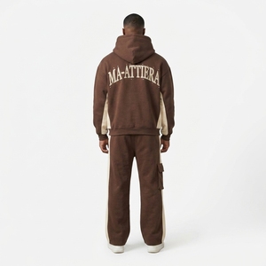 Ensemble sweat à capuche et pantalon cargo marron bicolore zippé pour homme, style streetwear oversize - Product Image 2