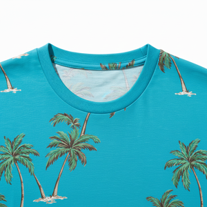 Men's Blue Palm <b>Tree</b> Print Short Sleeve T-Shirt O-Neck Regular Fit Casual Jersey Cotton Shirt - Product Image 2