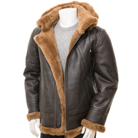 Herren Echtleder-Jacke mit Kapuze und Kunstfell-Futter Winddichte Motorrad-Bikerjacke Wintermantel